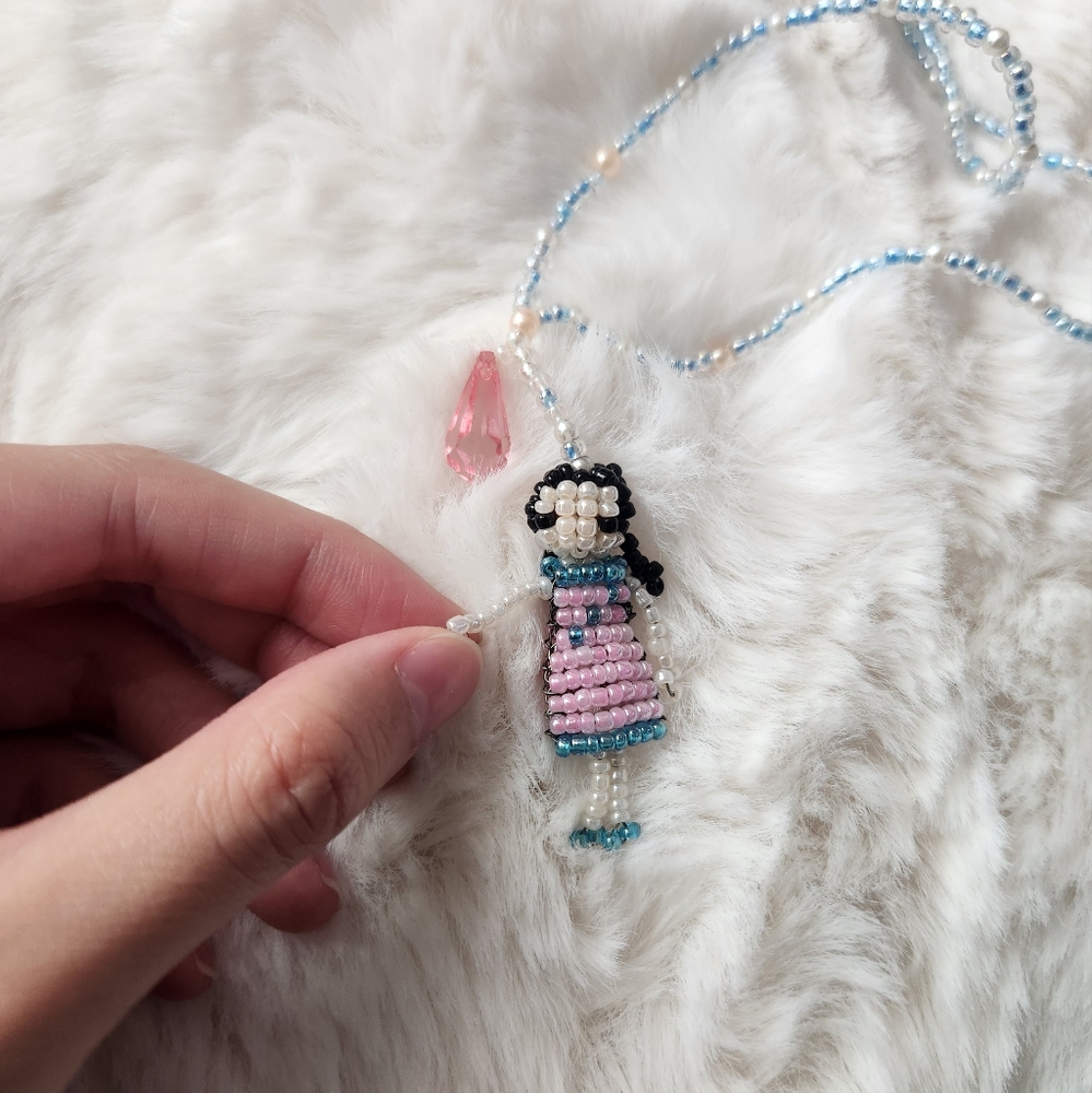 Handmade pink blue and black beaded little girl necklace ( I made it myself)